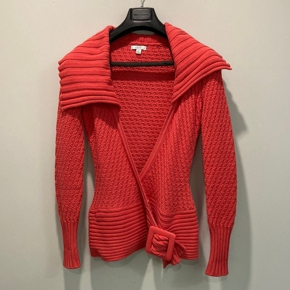CACHE Vintage 80s Chunky Knit Sweater Side Buckle Wrap Size Small Retro RED - Picture 3 of 14